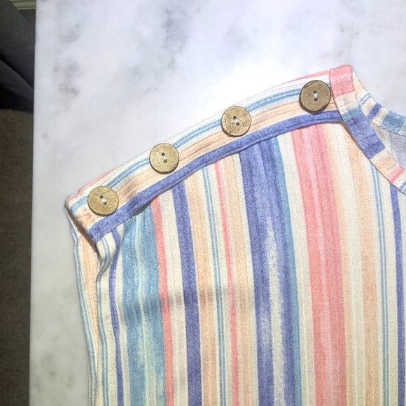Front Tie T-shirt / Striped Top with Front Tie and Decorative Button Trim - Picture 2 of 11